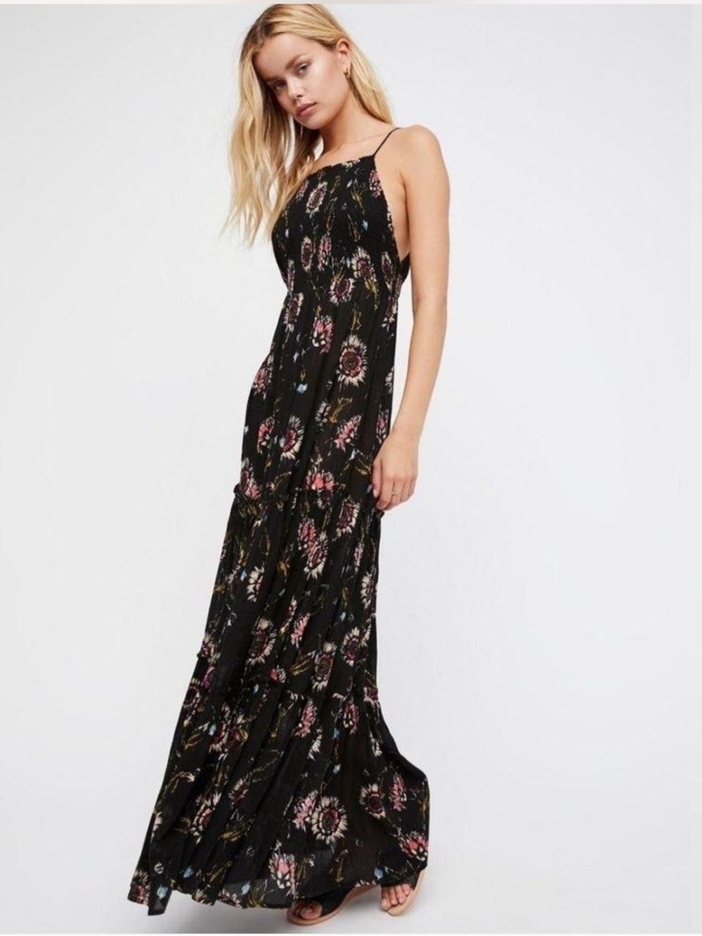 FREE PEOPLE Garden Party Maxi Tiered Dress Dark Floral Boho Beachy XS Black